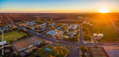 Aerial panorama of Monash - small town in South Australia at sunset