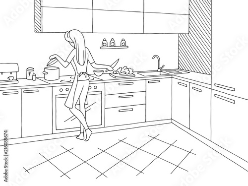 Kitchen room graphic black white home interior sketch illustration vector. Woman cooking