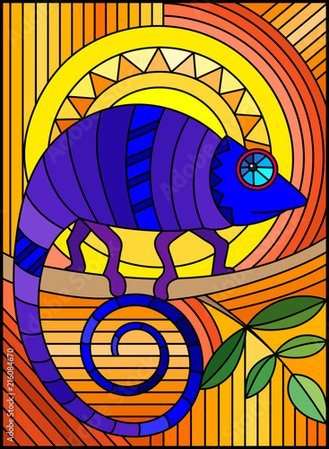 Illustration in stained glass style with abstract geometric blue chameleon on a orange background