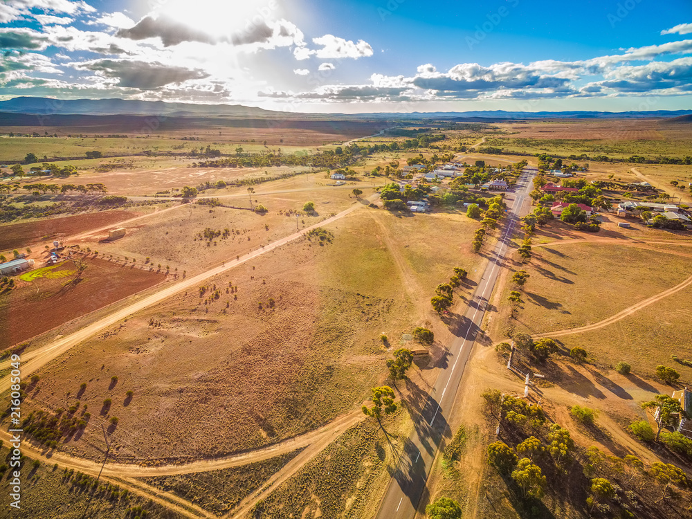 Road passing through Carrieton - small township and fields in South Australia- aerial landscape