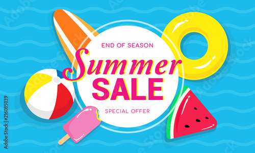 Summer sale banner vector illustration, Pool toys, yellow rubber ring and ball floating on water.