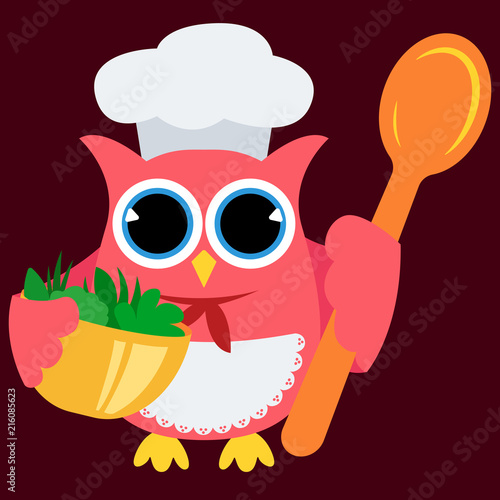 Owl cook with a spoon and a salad bowl