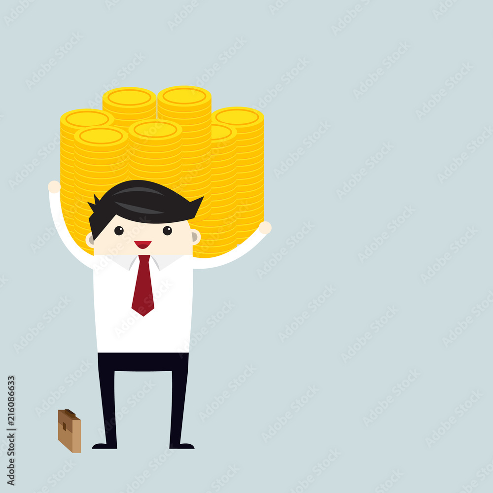 Success happy business man stand hold gold coin, Investment concept