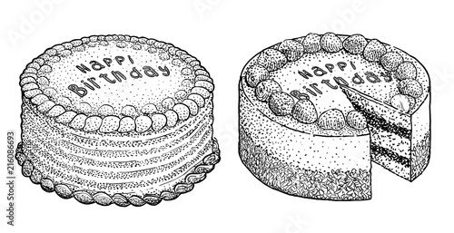 Birthday cakes illustration, drawing, engraving, ink, line art, vector