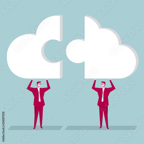 Team concept design, Businessman hold up cloud symbol puzzle. The background is blue.
