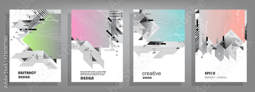 Covers templates set with graphic geometric elements. Applicable for brochures, posters, covers and banners. Vector illustrations.