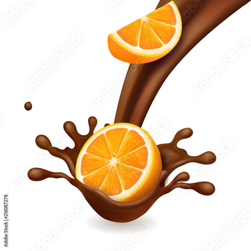 Chocolate splash with orange fruit realistic illustration