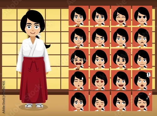 Japanese Shinto Shrine Maiden Cartoon Emotion faces Vector Illustration