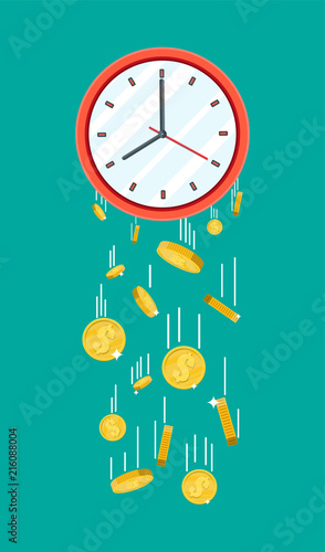 Golden coins falling from clocks.