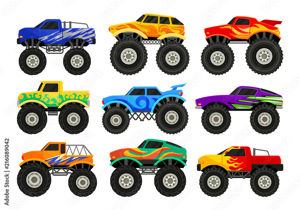 Set of monster trucks. Heavy cars with large tires and black tinted windows. Flat vector for advertising poster, computer or mobile game