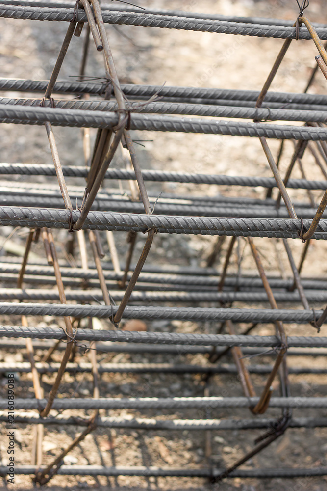 Reinforcing steel bars for building structure at construction site.