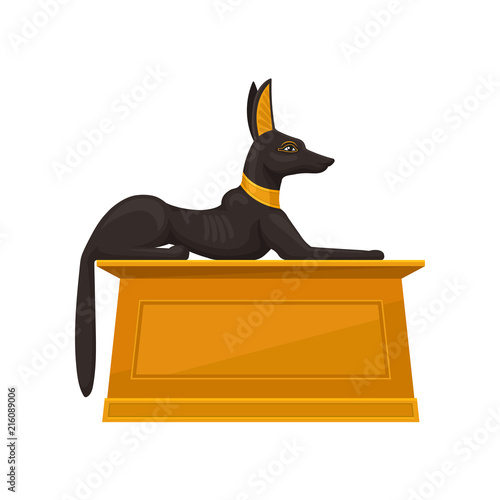 Statue of lying Anubis on golden pedestal, side view. Black-coated wolf or jackal with gold necklace. Flat vector icon