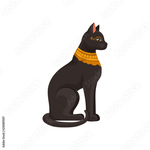 Figurine of sitting black Egyptian cat with golden necklace. Goddess Bastet statue. Ancient Egypt theme. Flat vector icon