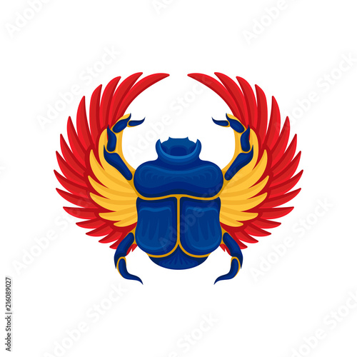 Flat vector icon of blue scarab beetle with yellow-orange wings. Ancient sacred insect. Symbol of Egyptian culture