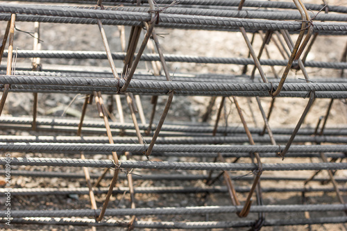 Reinforcing steel bars for building structure at construction site.