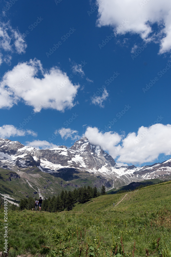Alpine landscape with mount Matterhorn, Breuil-Cervinia, Italy.