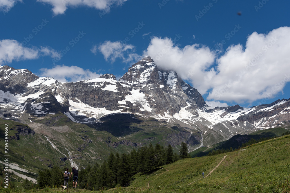 Alpine landscape with mount Matterhorn, Breuil-Cervinia, Italy.
