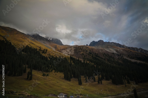 Panoramic view to Barskoon pass, river and gorge and Sarymoynak pass, Jeti-Oguz, Kyrgyzstan photo