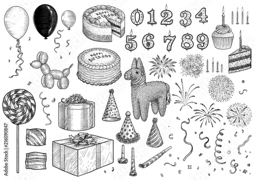 Event, birthday, celebration, party collection, illustration, drawing, engraving, ink, line art, vector