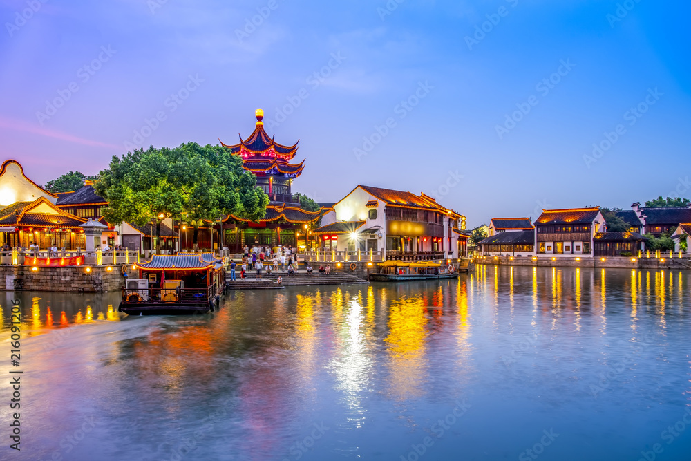 The night view of the ancient town of Suzhou mountain The night view of the ancient town of Suzhou mountain
