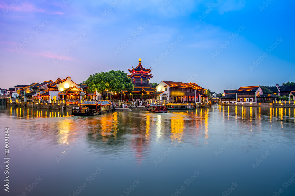 The night view of the ancient town of Suzhou mountain