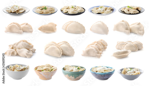 Set of delicious dumplings on white background photo