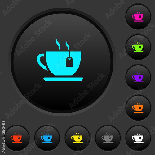 Cup of tea with teabag dark push buttons with color icons