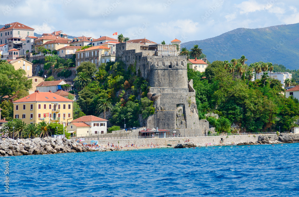 View of resort town of Herceg Novi and fortress of Forte Mare from sea, Montenegro