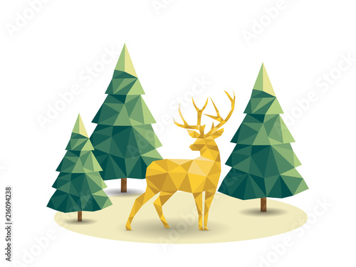 Low poly Christmas scene with reindeer and pines