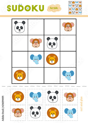 Sudoku for children, education game. Cartoon animals - Monkey, Lion,  Elephant, Panda Stock Vector | Adobe Stock