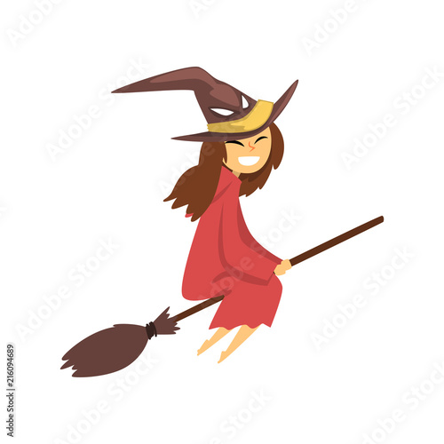 Cute little witch character flying with broom cartoon vector Illustration on a white background