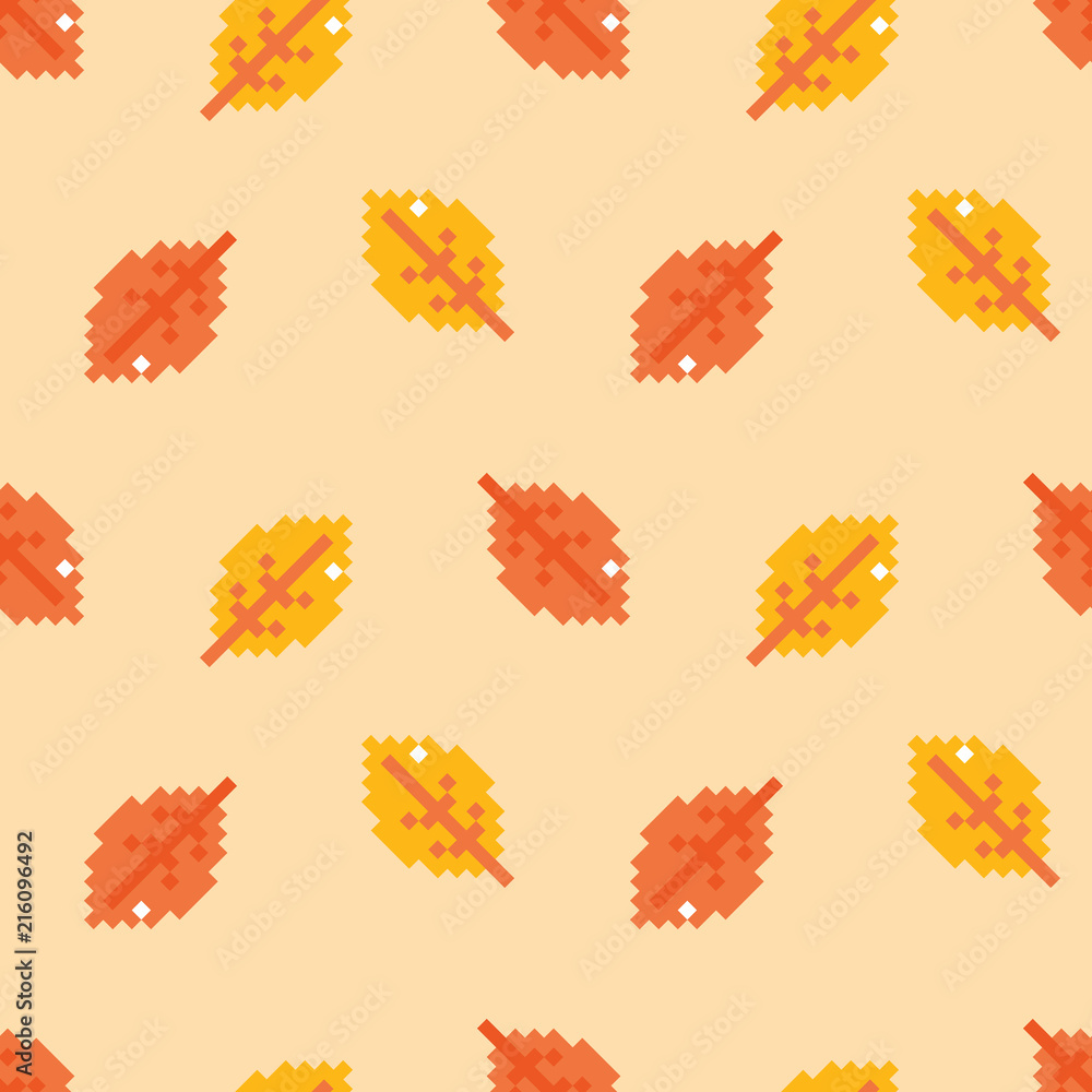 Cute seamless pattern background with orange and yellow pixel leaves for autumn, fall design.
Cute seamless pattern background with orange and yellow pixel leaves for autumn, fall design.