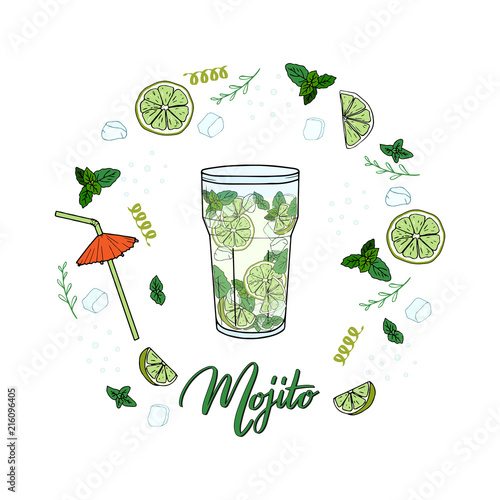 Circle made of hand sketched glass of coctail Mojito with lime, mint, ice and lettering typography. Vector round template isolated on white background made for menu design, bar, restaurant, print.    