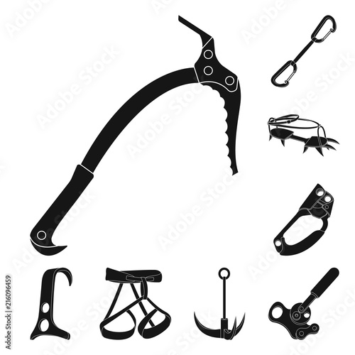 Mountaineering and climbing black icons in set collection for design. Equipment and accessories vector symbol stock web illustration.