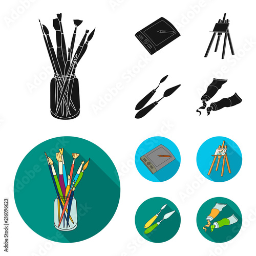 Bank with brushes, a drawing board, an easel with a canvas, paint knives.Artist and drawing set collection icons in black, flat style vector symbol stock illustration web.
