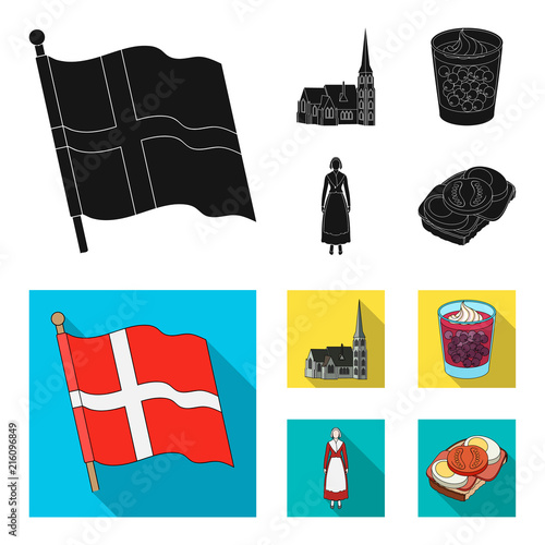 Flag, national, symbol, and other web icon in black, flat style.Denmark,history, tourism, icons in set collection.