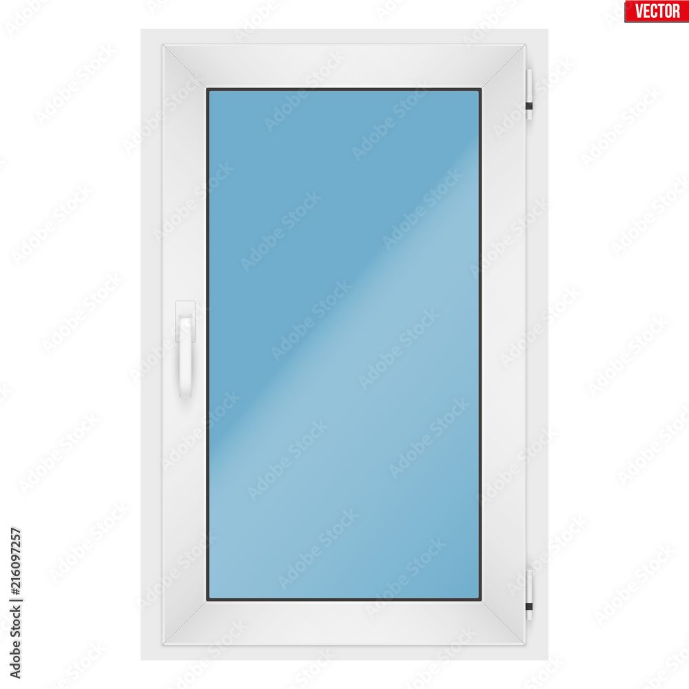 Metal plastic PVC window with one sash and one opening casement. Indoor view. Presentation of models and frame installation. White color. Sample Vector Illustration isolated on white background. Metal plastic PVC window with one sash and one opening casement. Indoor view. Presentation of models and frame installation. White color. Sample Vector Illustration isolated on white background.