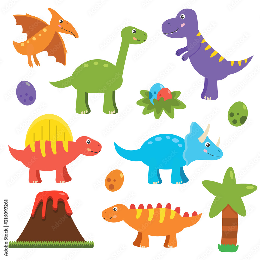 Cute flat dinosaurs set. Cartoon pterodactyl, stegosaurus, spinosaurus,  triceratops, tyrannosaurus rex, brachiosaurus, palm, dinosaurs eggs and  volcano. Vector illustration. Stock Vector | Adobe Stock