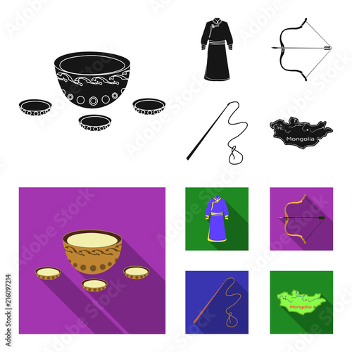 .mongol dressing gown, battle bow, theria on the map, Urga, Khlyst. Mongolia set collection icons in black,flat style vector symbol stock illustration web.