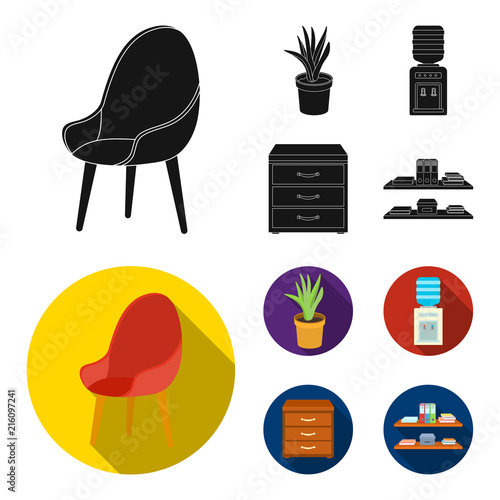A red chair with a comfortable back, an aloe flower in a pot, an apparatus with clean water, a cabinet for office papers. Office Furniture set collection icons in black, flat style vector symbol stock
