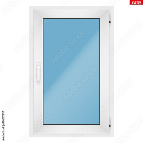 Metal plastic PVC window with one sash and one opening casement. Indoor view. Presentation of models and frame installation. White color. Sample Vector Illustration isolated on white background.