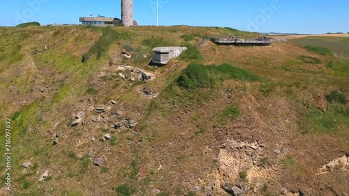 Drone footage of the cliffs, rocks and sea of Cap Gris-Nes, France. photo