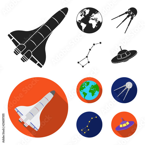 Planet Earth with continents and oceans, flying satellite, Ursa Major, UFO. Space set collection icons in black,flat style vector symbol stock illustration web.