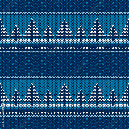 Winter Holiday Knitted Sweater Pattern with Christmas Trees. Wool Knit Seamless Melange Texture Imitation with Shades of Blue Colors