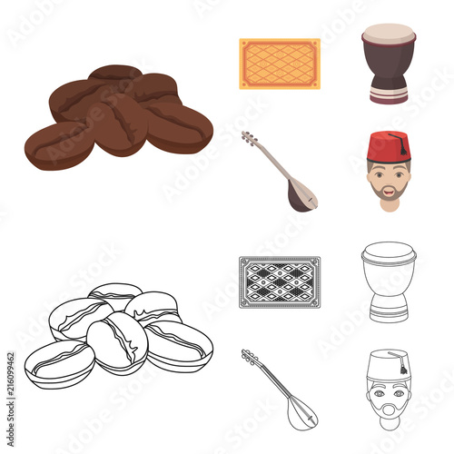 Turkish carpet, saz, drum, turkish men.Turkey set collection icons in cartoon,outline style vector symbol stock illustration web.