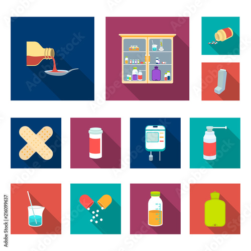 Medicine and treatment flat icons in set collection for design. Medicine and equipment vector symbol stock web illustration.