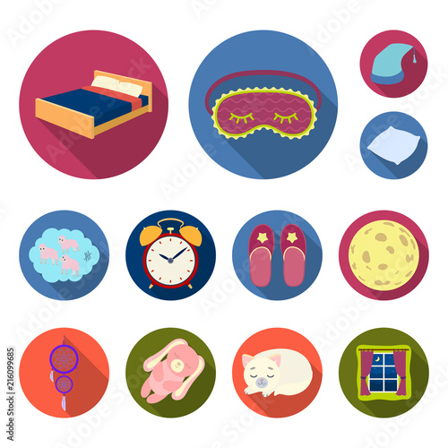 Rest and sleep flat icons in set collection for design. Accessories and comfort vector symbol stock web illustration.