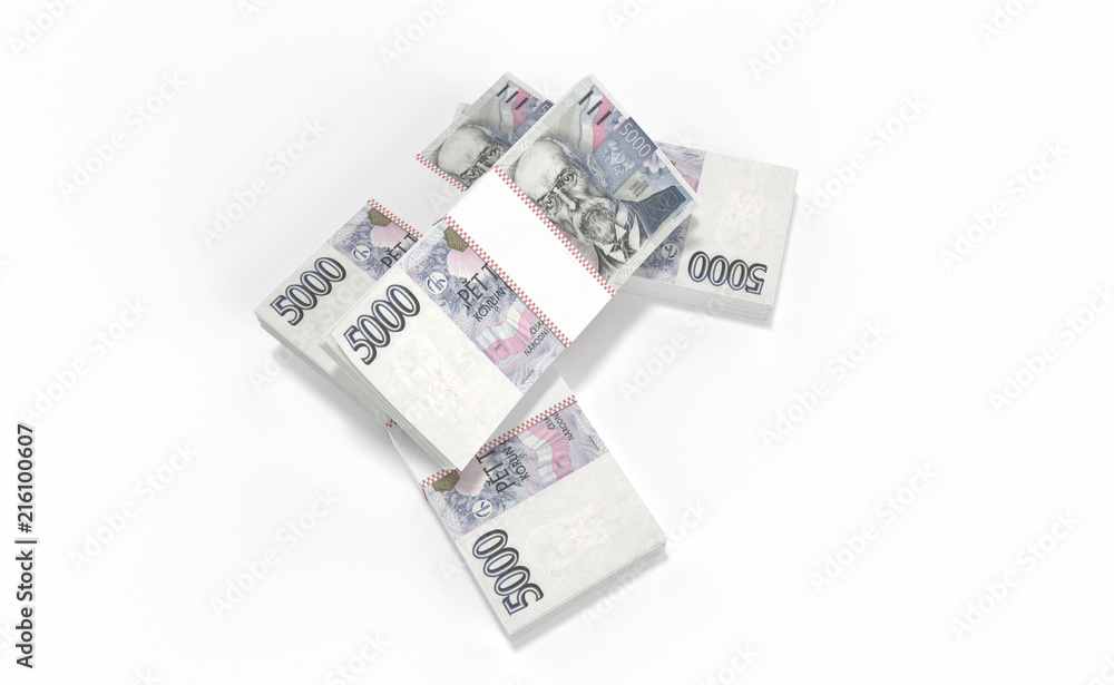 3D realistic render of 5000 stack czech crown ceska koruna national money in czech republic. Isolated on white background. 3D realistic render of 5000 stack czech crown ceska koruna national money in czech republic. Isolated on white background.