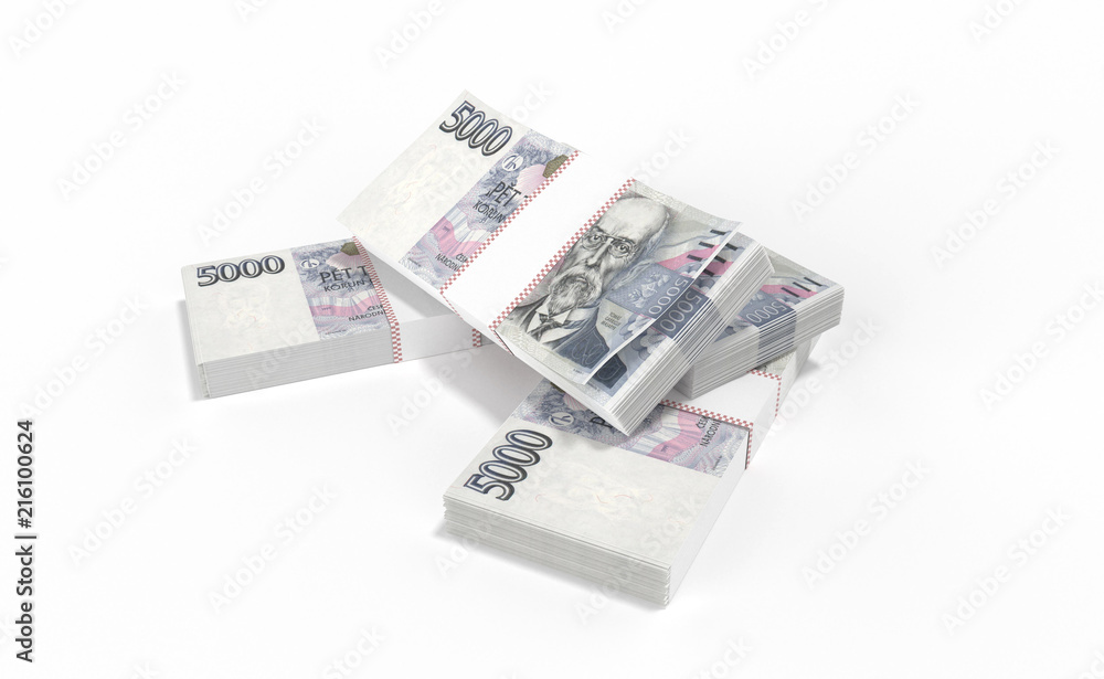 3D realistic render of 5000 stack czech crown ceska koruna national money in czech republic. Isolated on white background. 3D realistic render of 5000 stack czech crown ceska koruna national money in czech republic. Isolated on white background.