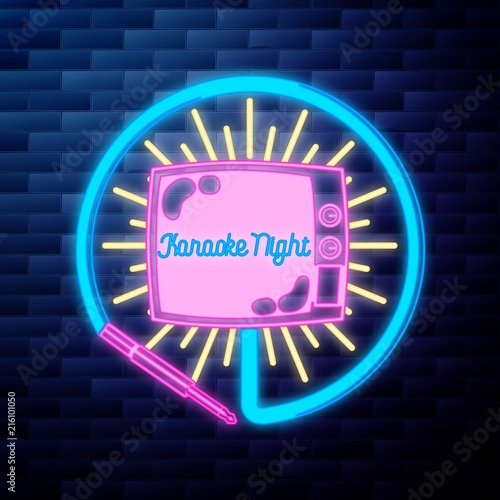 Vintage karaoke emblem glowing neon